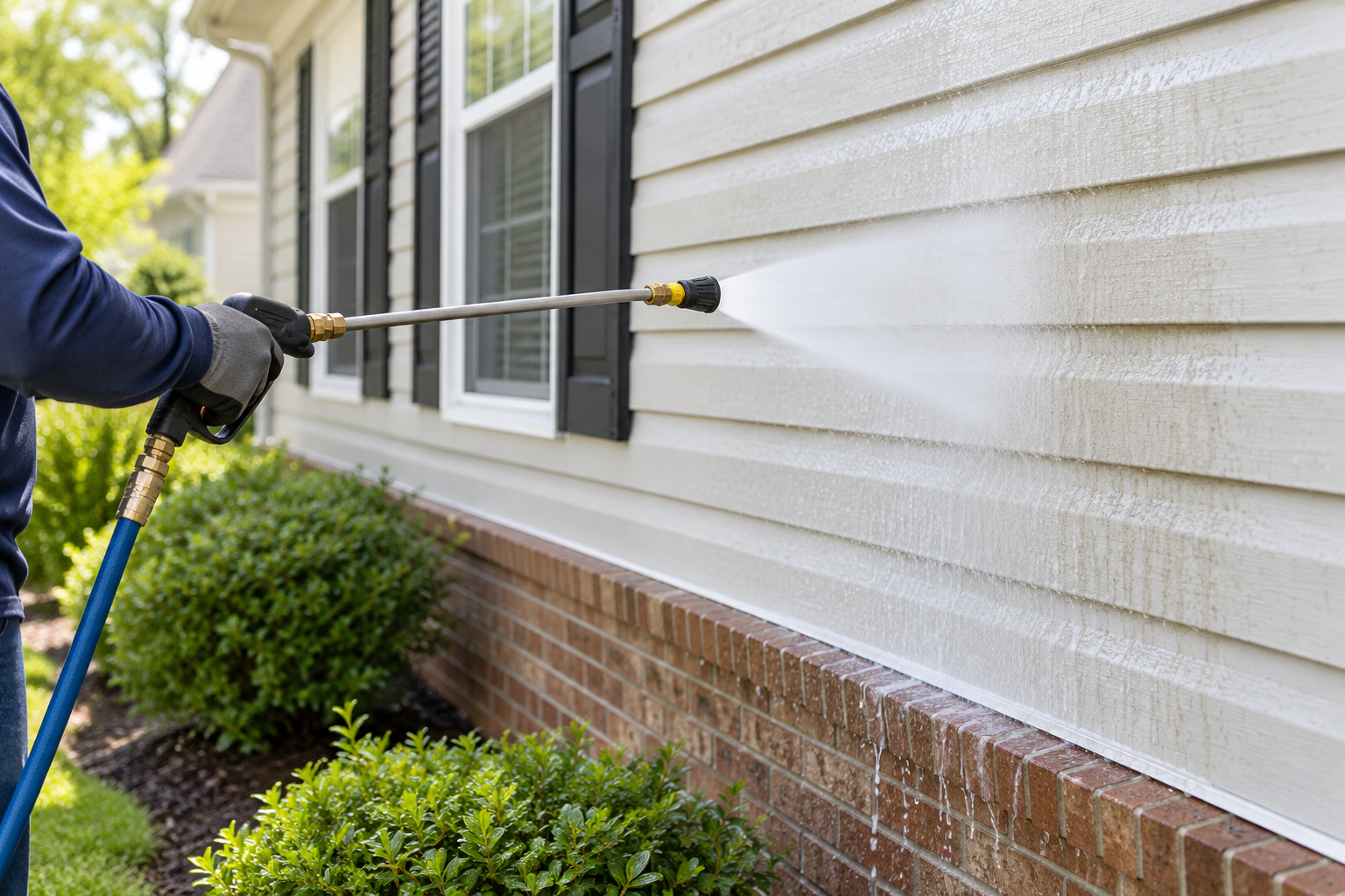 Illustration of soft washing a house exterior